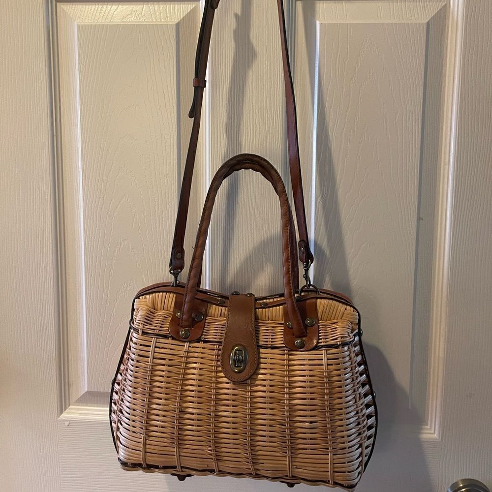 Patricia Nash wicker satchel /shoulder bag  leather trim &antique brass hardware